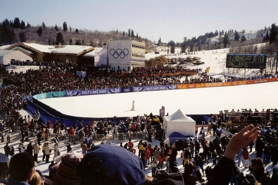 The finish of one of the men's downhill skiing events at the 2002 Winter Olympics. Runners will start at Snowbasin Resort, one of the venues used for skiing events at the 2002 Winter Games. (Photo by Ken Lund/flickr)