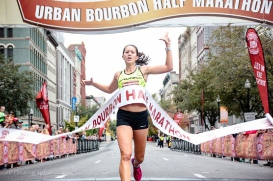 Crossing the finish line first in 2015. (Photo courtesy Urban Bourbon Half Marathon)