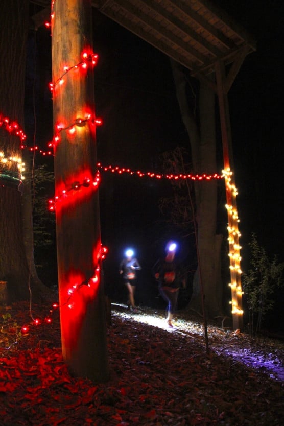 Runners wear headlamps on the trails at the Tread Nightly Half Marathon. (Photo courtesy Whitewater Race Series)