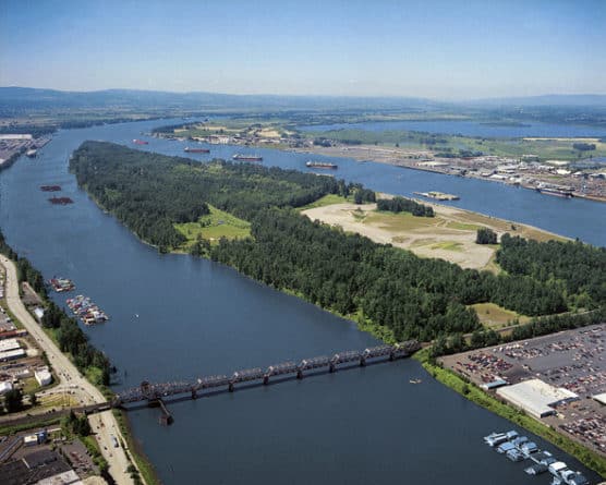Aerial view of Hayden Island in the Columbia River, near Vancouver, Wash. (Photo by Sam Churchil/flickr)