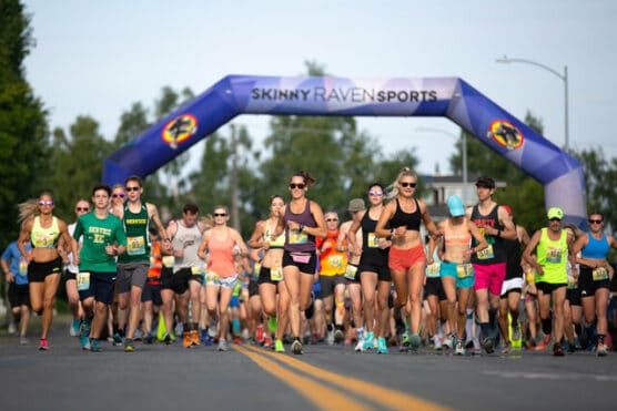 Runners on the course at the Skinny Raven Half Marathon in Anchorage, Alaska.