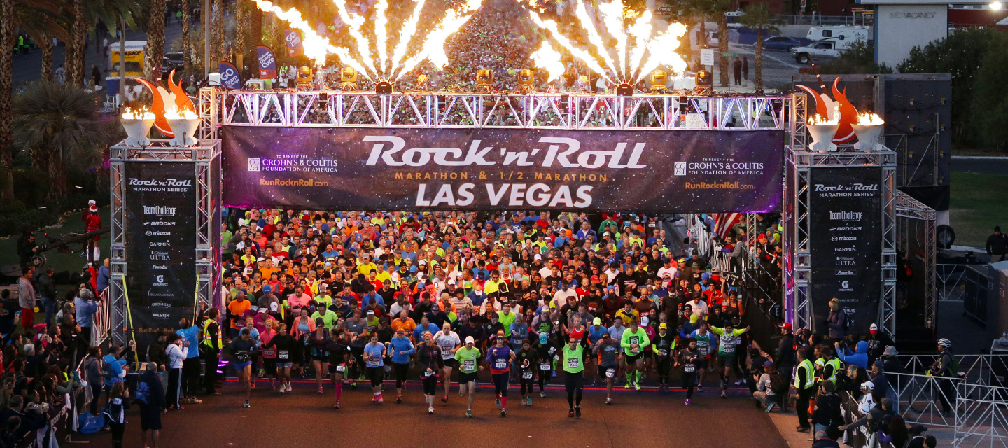 The starting line of the Rock 'n' Roll Las Vegas half marathon which is one of the best half marathons for beginners and experienced runners alike.