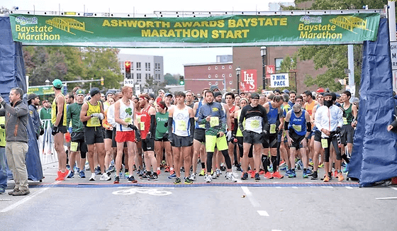 The starting line of Baystate Marathon which is one of the best marathons to qualify for Boston with over a 26% qualifying rate!