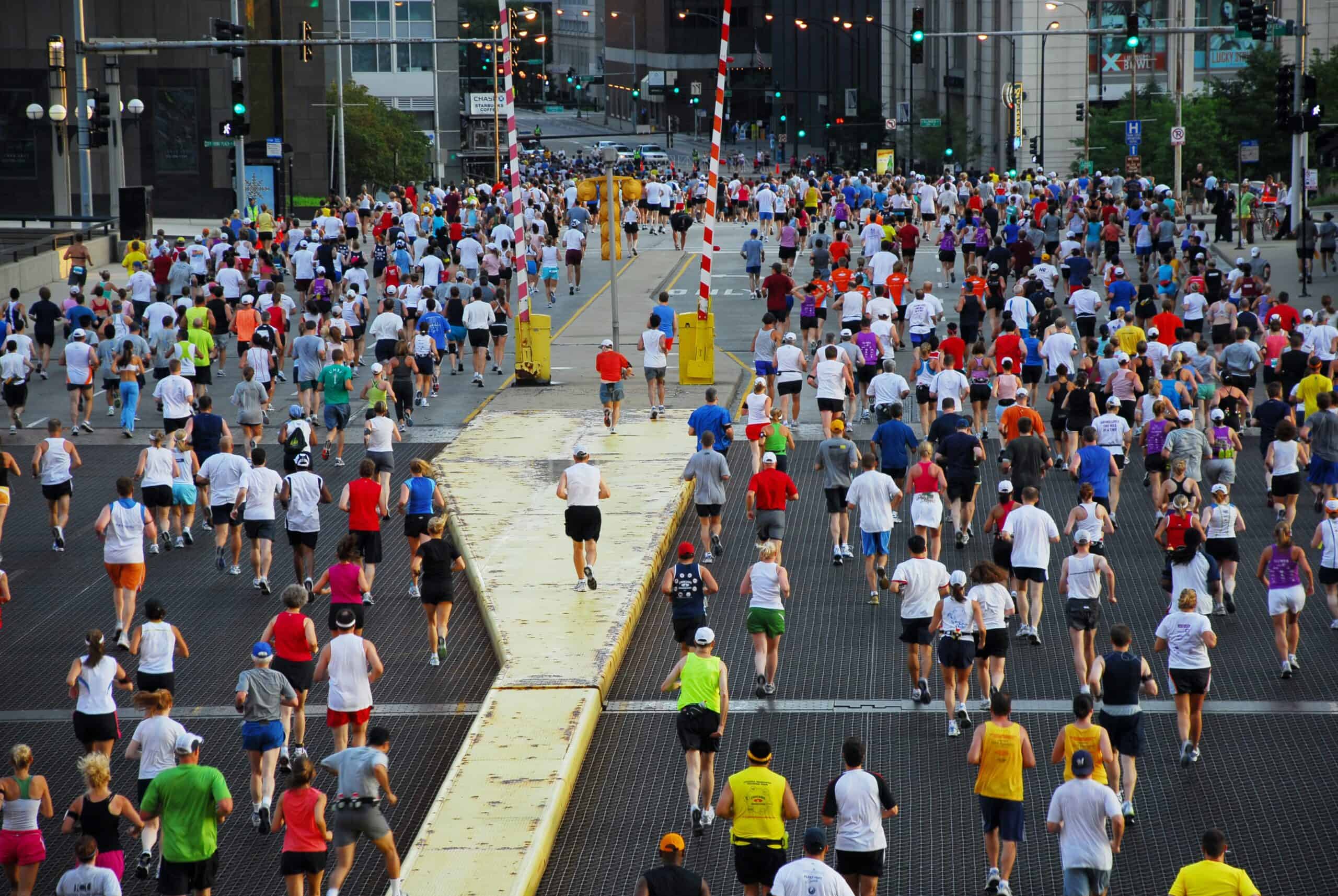 Runners on the course of a marathon.