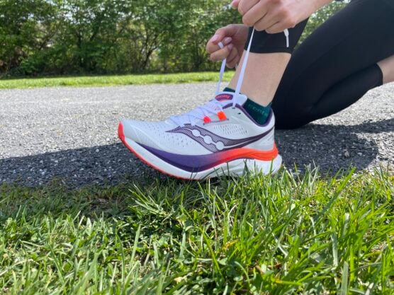 Our writer testing the Saucony Endorphin Speed 4 for review on a gravel run.